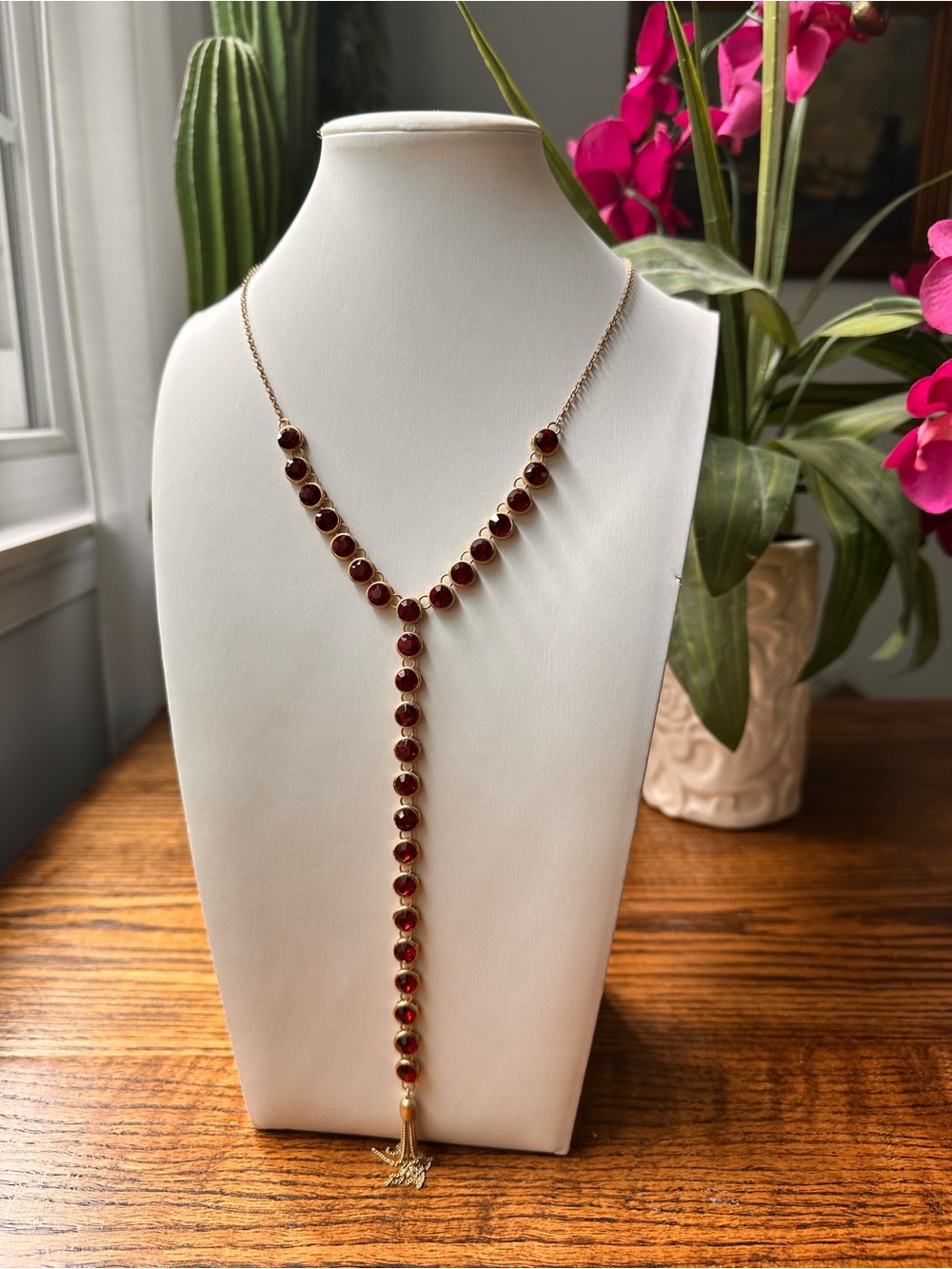 Gold-Tone Y-Style Necklace with Deep Red Stones